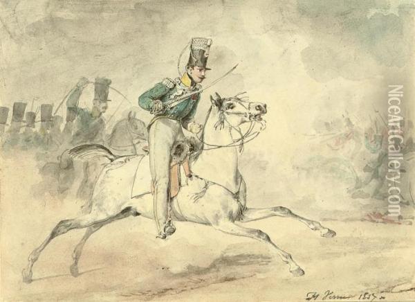 A Cavalryman Charging In The Heat Of Battle Oil Painting - Horace Vernet