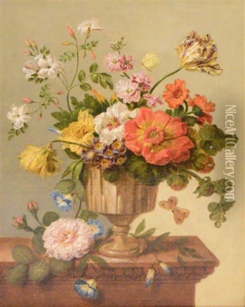 Still Life Study Of Flowers Upon A Ledge Oil Painting - Nicolas Frederik Knipp