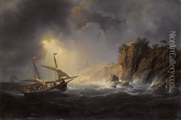 Segelschiffe Bei Sturmischer See Vor Einer Steilkuste Oil Painting - Antoine Leon Morel-Fatio