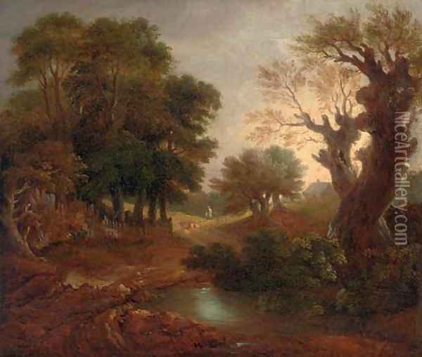 A wooded landscape with a pond and a figure on a path Oil Painting - Thomas Gainsborough