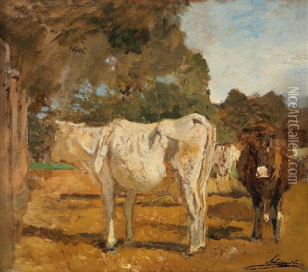 Cows (w/sketch Of A City View, Verso) Oil Painting - Emil Jacob Schindler