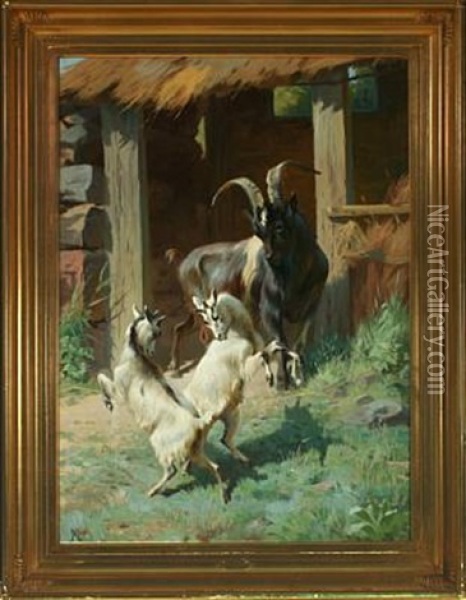 Goat Watching Two Kids Playing Oil Painting - Adolf Heinrich Mackeprang
