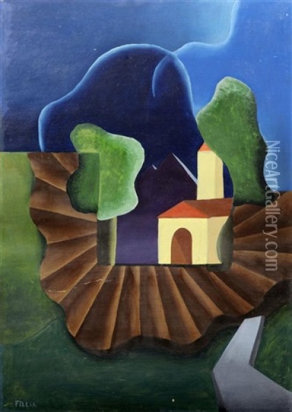 Paesaggio (con Chiesa E Alberi) Oil Painting -  Fillia