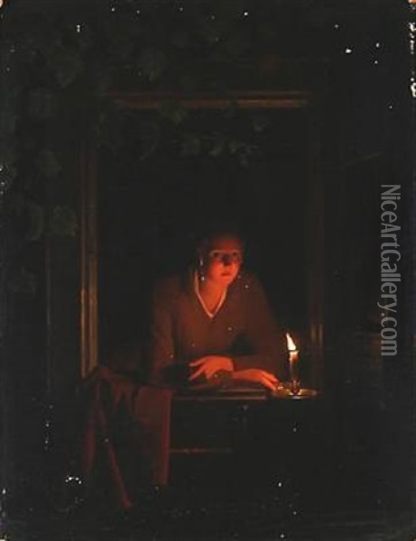 A Girl With A Candle Light In A Window At Night Oil Painting - Johannes Rosierse