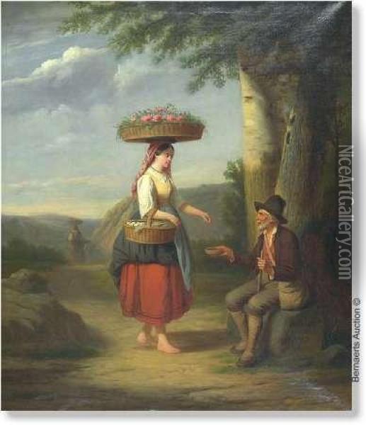 Flower And Eggmerchant Near Beggar. Canvas. Signed'ch.venneman' Oil Painting - Camille Vennemann