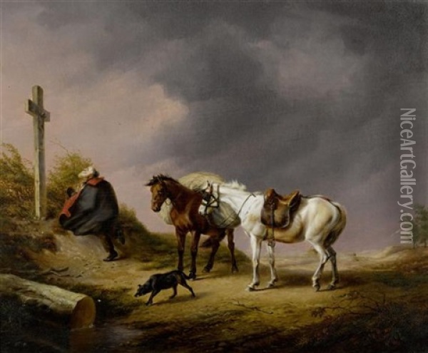 Betender Reisender Vor Aufziehendem Gewitter Oil Painting - Charles Philogene Tschaggeny