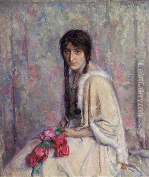 A Girl Holding Flowers Oil Painting - Albert Roelofs