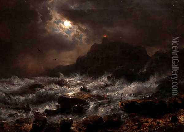 Norwegian Coast By Moonlight Oil Painting - Andreas Achenbach