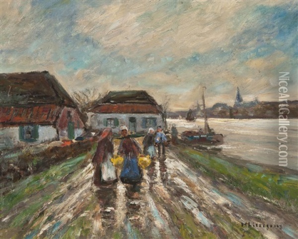 Fischerdorf Am Fluss Oil Painting - Helmuth Liesegang
