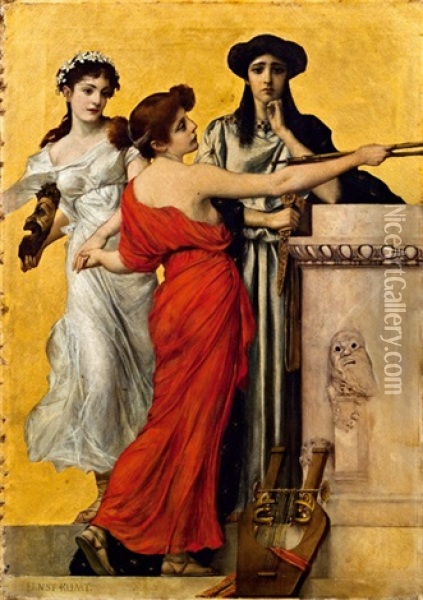 Drei Musen (design For Exhibition Poster) Oil Painting - Ernst Klimt