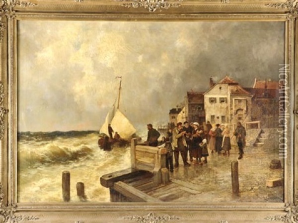 Vielfigurige Szene Am Stadtischen Kai Vor Sturmischer See Oil Painting - Carl Ludwig Friedrich Wagner