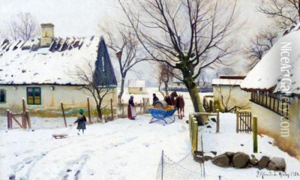Vinter I Risby (risby In The Snow) Oil Painting - Peder Mork Monsted