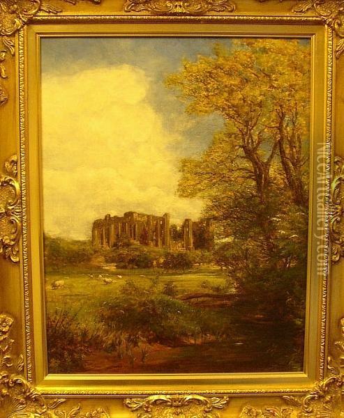 Sheep Grazing Before Castle Ruins, Signed And Dated 'c.t. Burt 1864' Oil Painting - Charles Thomas Burt