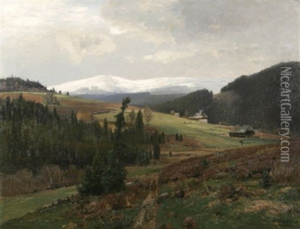 Schwarzwaldlandschaft Mit Hausern, Im Hintergrund Der Verschneite Feldberg Oil Painting - Wilhelm Schroeter