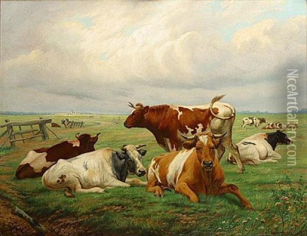 Vaches Au Pre Oil Painting - Jef Louis Van Leemputten