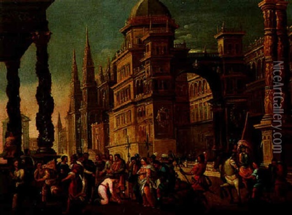 Architectural Capriccio With Christ And The Woman Taken In Adultery Oil Painting - Francisco Gutierrez