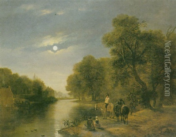Figures By A Moonlit River Oil Painting - Jacobus Theodorus Abels