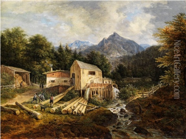 Oberbayerische Sagemuhle An Einem Gebirgsbach Oil Painting - Johann Jakob Dorner the Younger