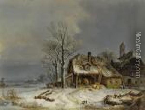 Winterliches Dorf Oil Painting - Heinrich Burkel