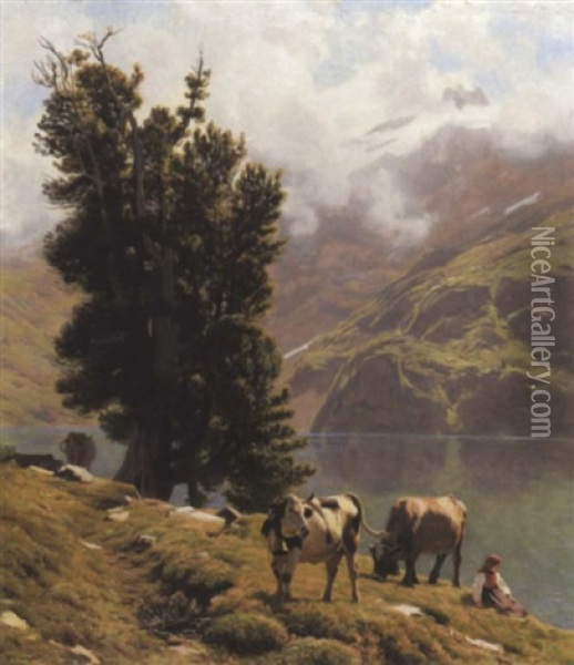 Paysage De Montagne Avec Vaches Et Personnage Au Bord Du Lac Oil Painting - Albert Lugardon