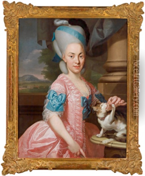 Bildnis Einer Dame In Einer Rosafarbenen Robe Mit Blauen Bandern, Ein Katzchen Futternd Oil Painting - Johann Eberhard Ihle