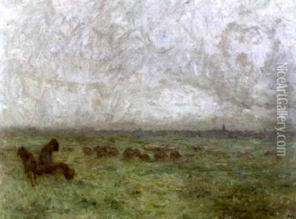 Berger Et Troupeau Dans La Brume Oil Painting - Alois De Laet