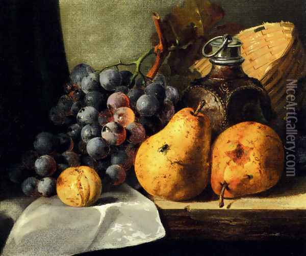 Pears, Grapes, A Greengage, Plums A Stoneware Flask And A Wicker Basket On A Wooden Ledge Oil Painting - Edward Ladell