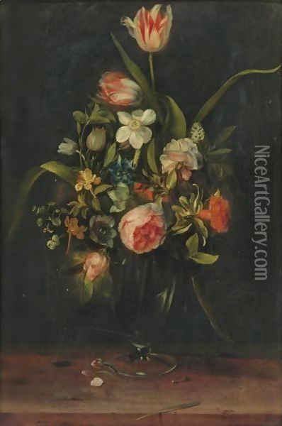 Still Life Of Roses, Tulips, Narcissus And Other Flowers In A Glass Vase Oil Painting - Frans Ykens