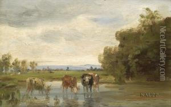 In Weiter Landschaft In Einem Flachen Gewasser Stehende Und Trinkende Kuhherde. Oil Painting - Julius Kornbeck