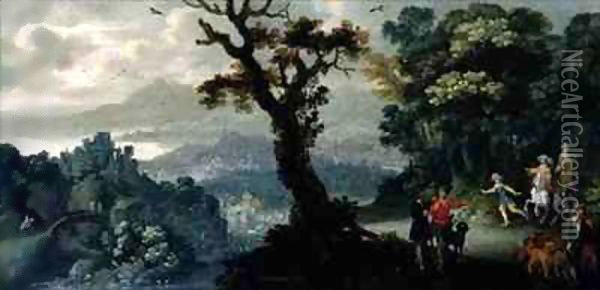 Landscape with a hunting party Oil Painting - H. Bergaignie