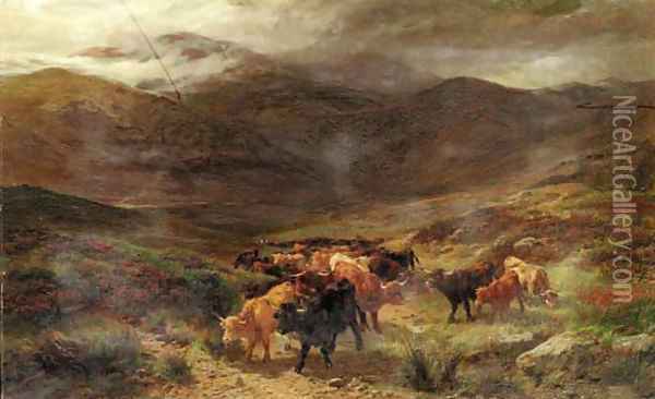 Highland cattle on the move Oil Painting - Henry Garland