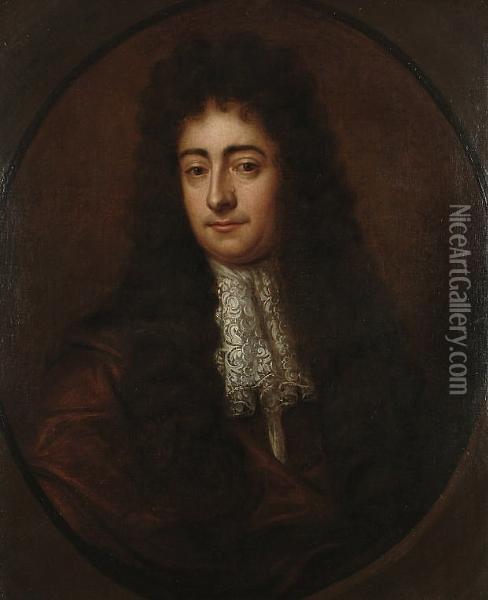 Portrait Of A Gentleman, Bust 
Length Wearing A Russet Coat And A Lace Jabot; Portrait Of A Lady, Bust 
Length Wearing A Blue And White Dress. Oil Painting - Sir Peter Lely
