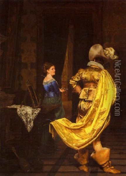 Cavalier Courting Lady In Parlor Oil Painting - Hendrik Jan Augustyn Leys