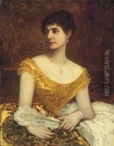 Lady With A Fan Oil Painting - Karoly Lotz