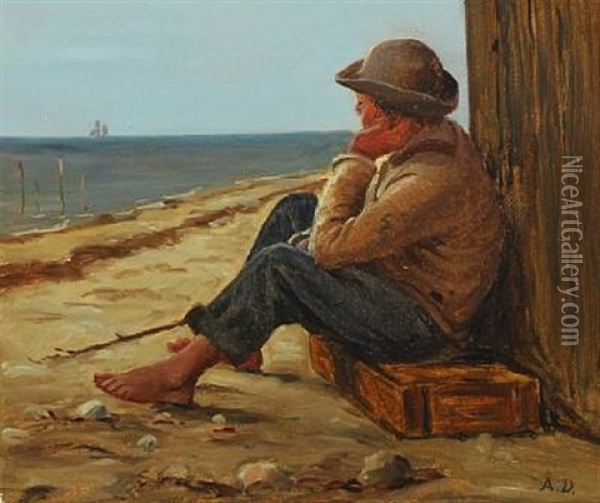 Coastal Scene With A Boy Sitting On A Fish Box Oil Painting - Anton Laurids Johannes Dorph