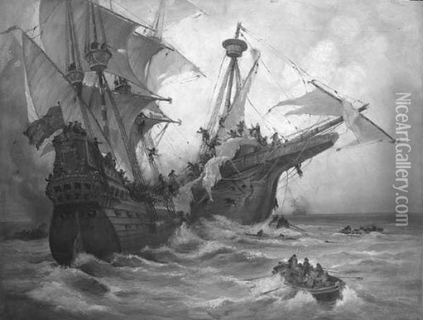 A Naval Battle Oil Painting - Wilhelm Emele