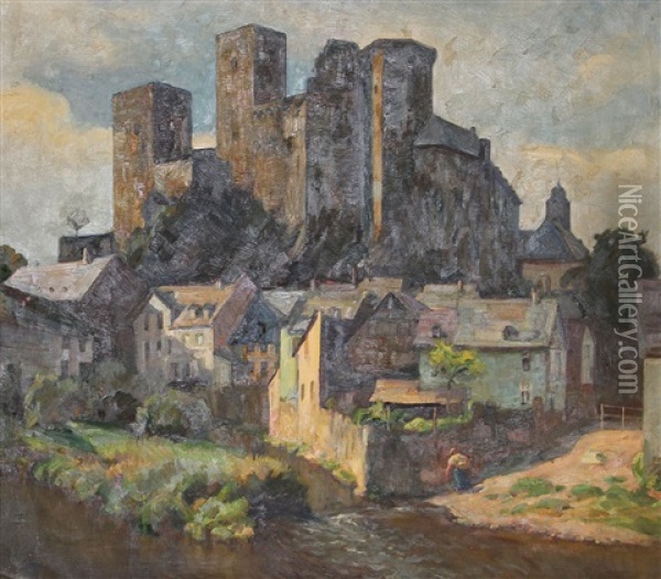 Burg Runkel An Der Lahn. Blick Auf Den Ort, Die Lahn Und Die Burg Auf Dem Hugel Oil Painting - Kurt Leyde