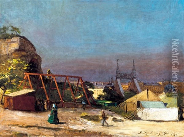 Side-show On Gellert Hill With The Liberty Bridge In The Background Oil Painting - Gyula Hary