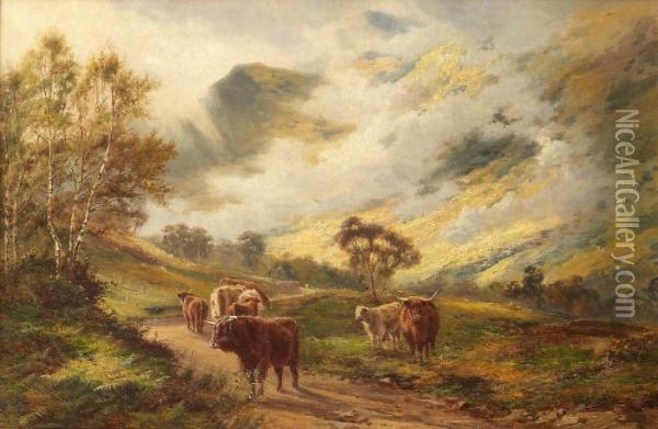 Highland Cattle - In The Trossachs Oil Painting - Louis Bosworth Hurt