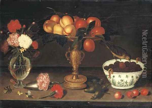Peaches and plums in a tazza and a finch eating blackberries from a porcelain bowl Oil Painting - Francesco Codino