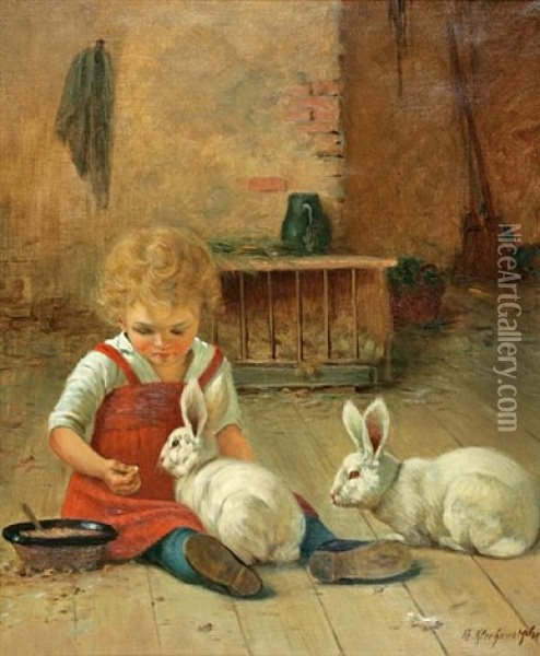 Madchen Mit Zwei Hasen-girl Playing With Two Rabbits Oil Painting - Theodor Kleehaas