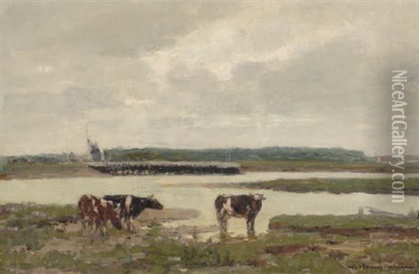 Cows By The River The Ijssel Oil Painting - Wilhelm Hambuechen