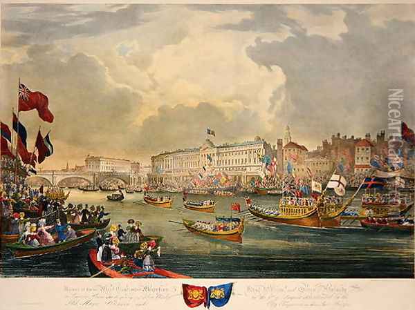 View of the River Thames during King William IV and Queen Adelaide opening London Bridge Oil Painting - Frederick Calvert