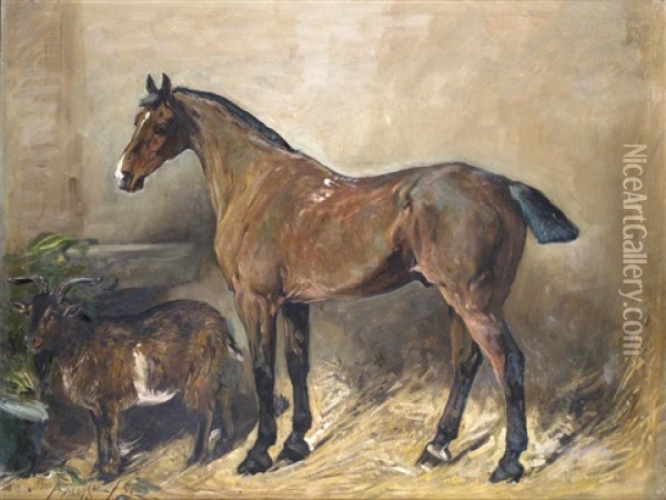 A Hunter In A Stable With A Goat Oil Painting - John Emms