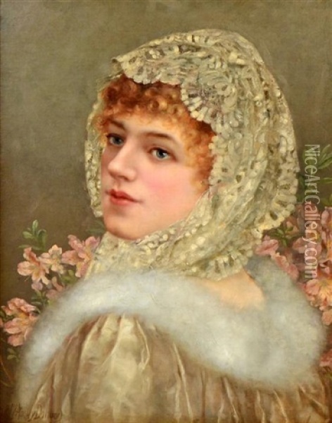 British Classical Maiden, Wearing A Lace Head Scarf Oil Painting - William Anstey Dolland