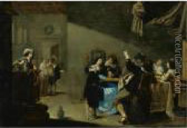 Card Players And Merrymakers Drinking In An Interior Oil Painting - Jacob Duck
