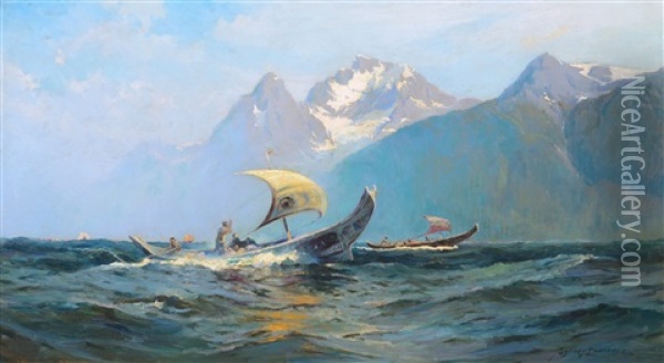 Going To The Potlach Oil Painting - Sydney Mortimer Laurence