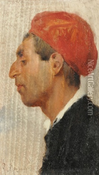 Portrait Eines Mannes Im Profil Mit Rotem Berret Oil Painting - Hermann Kaulbach