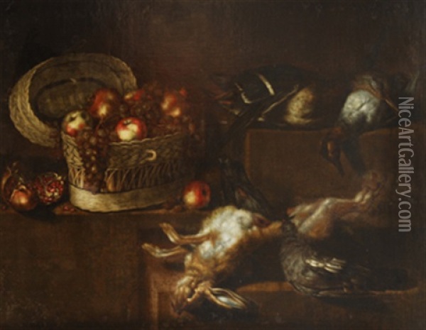 Bodegon: Cesta Con Uvas, Manzanas Y Granadas Y Caza Muerta Sobre Una Repisa De Tres Niveles Oil Painting - Antonio Ponce