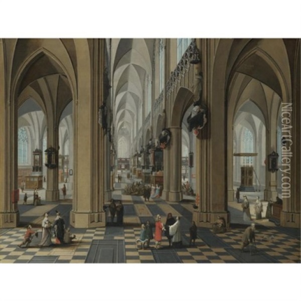 A Church Interior With Elegant Figures Strolling And Figures Attending Mass Oil Painting - Peeter Neeffs the Elder